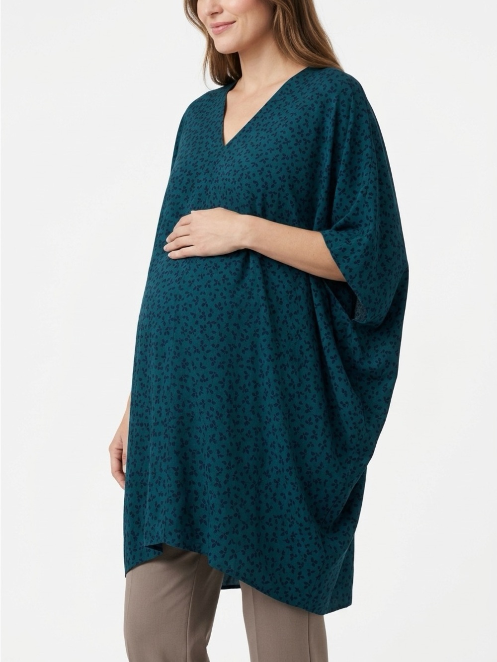 HATCH The Slouch Dress V-Neck Oversized Leaf Print Teal Green OS